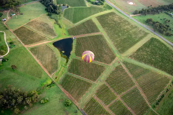 Blick vom Ballon auf einen anderen Ballon im Hunter Valley, Australien